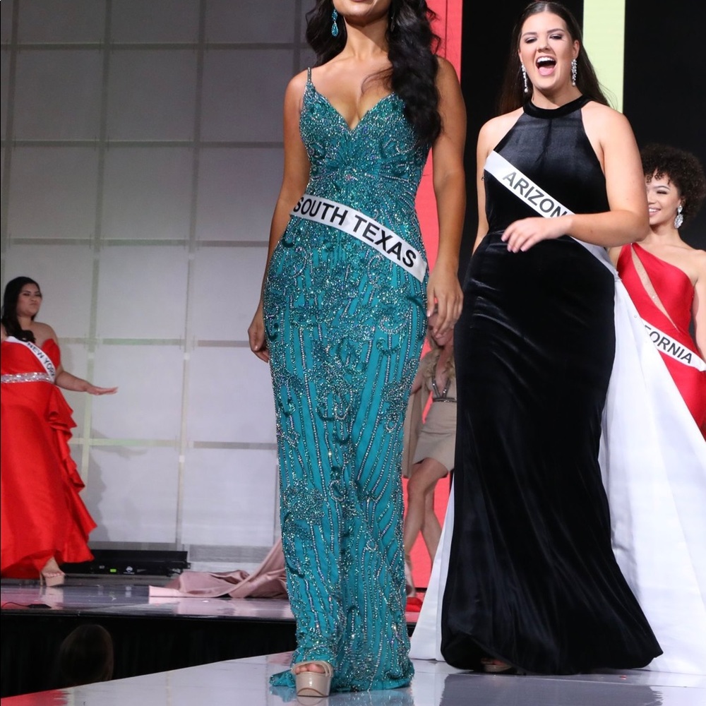 Teal Blue Sherri Hill Couture Beaded Pageant Dress